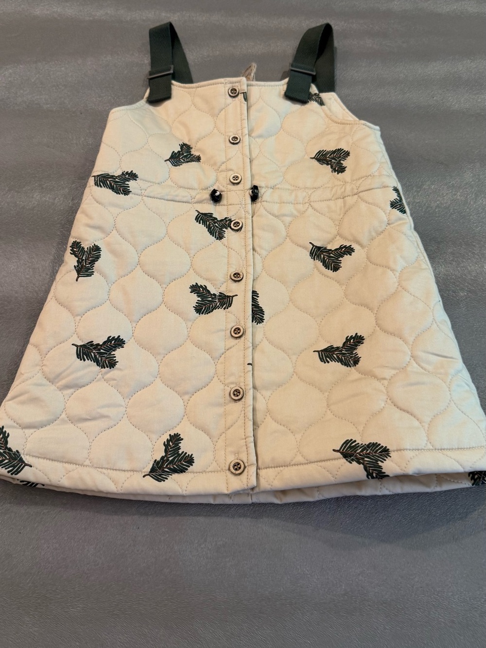 Jars Cream Quilted Pinafore Dress with Black Leaf Print. Size 3